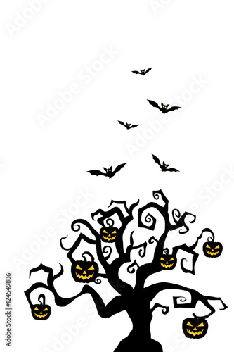 Halloween spooky tree, pumpkins and flying bats. Cover, card, invitation and poster template
