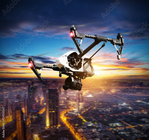 Drone flying above Dubai city