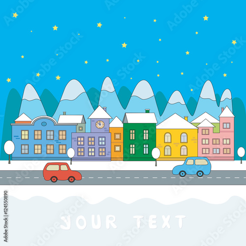 Greeting, Christmas card. Urban winter landscape on a background of mountains. Christmas vector illustrations