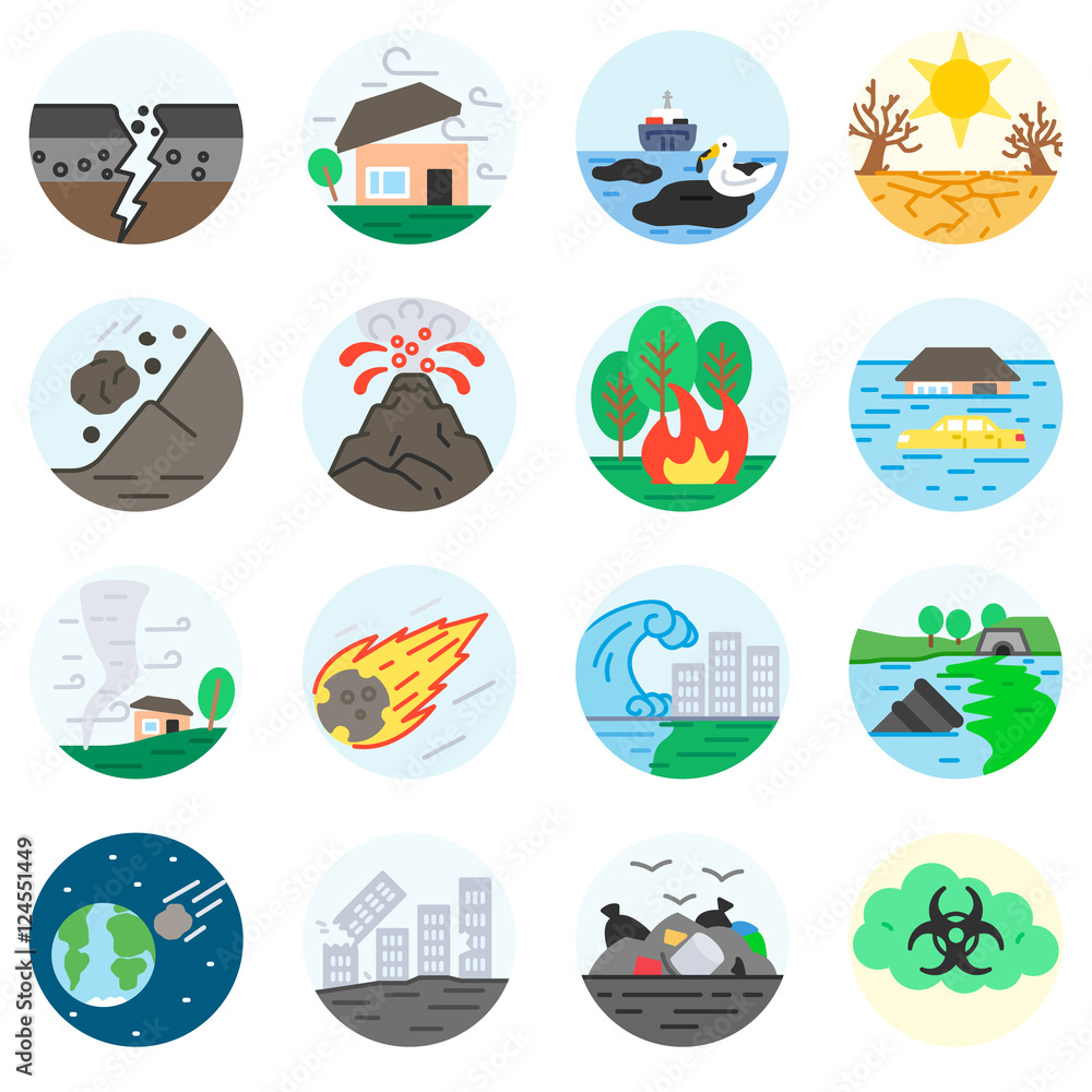 catastrophe icons set. cataclysms, symbols collection. a catastrophe of global proportions, 

flat design. destructive events, isolated vector illustration