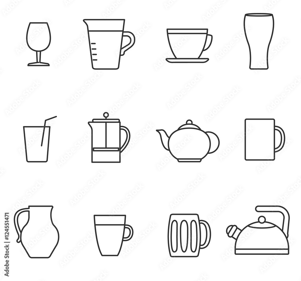 utensils for liquids icons set. All kinds of utensils for pouring liquids, linear symbols collection utensils for liquids icons set. All kinds of utensils for pouring liquids, linear symbols collection