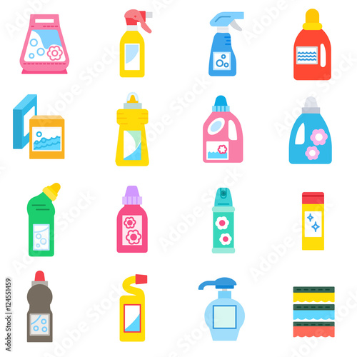 chemical means icons set. chemicals for home, flat design. home remedies for cleaning and washing, isolated symbols collection.