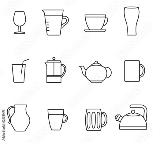 utensils for liquids icons set. All kinds of utensils for pouring liquids  linear symbols collection