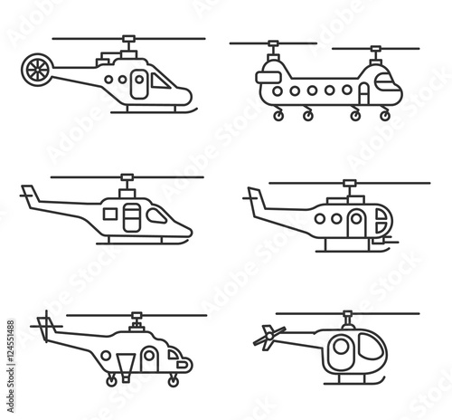 helicopters icons set. aircraft, thin line design. helicopter side, linear symbols collection