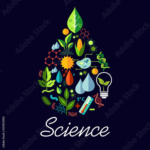 Science emblem in drop shape with symbols