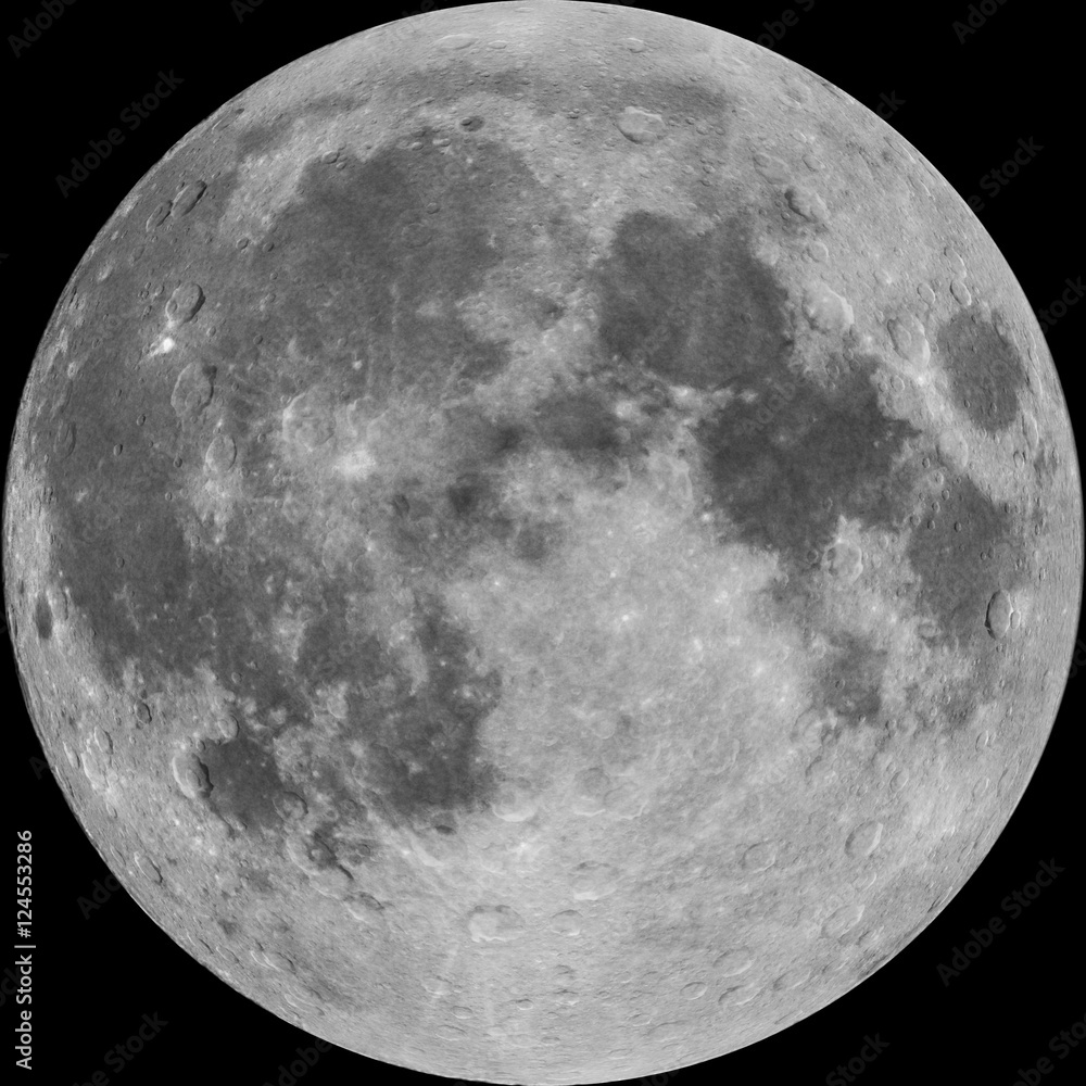 Fototapeta premium Księżyc w pełni, zdjęcie połączone z ilustrowanymi kraterami, na tle