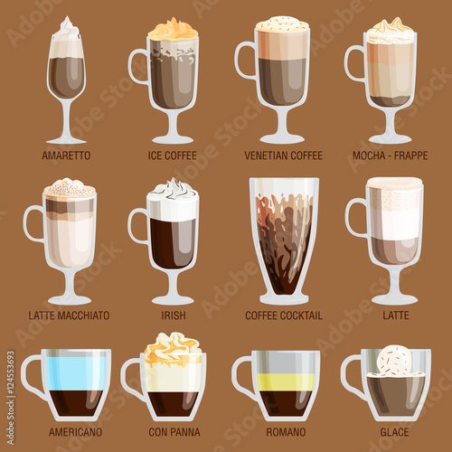 Coffee cups different cafe drinks