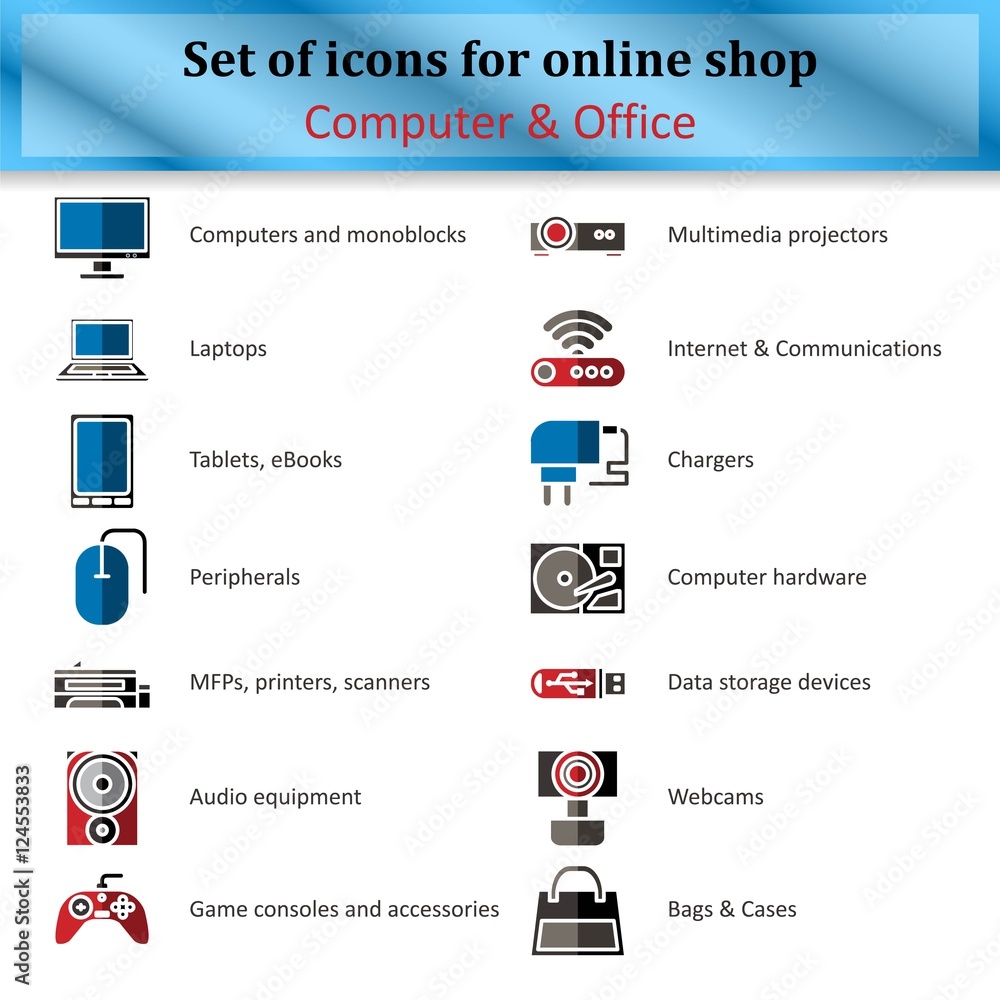 Naklejka premium Set of icons of various computer equipment for sections of onlin