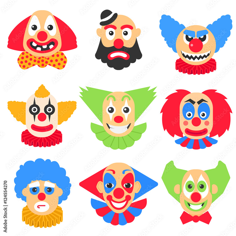 Fototapeta premium Vector big set with different clowns cartoon. Vector pack with scary, crazy and funny clown.