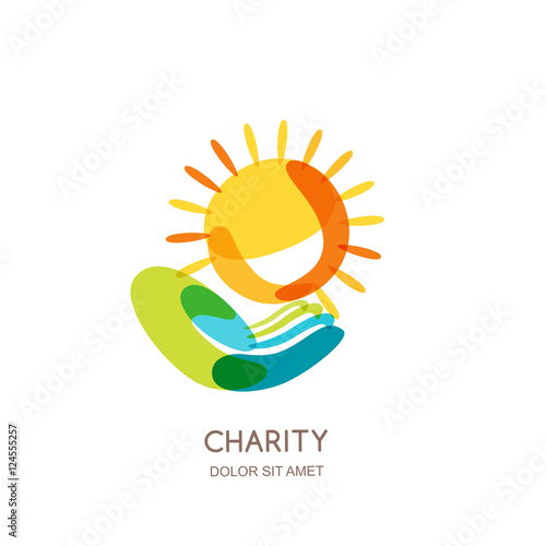Charity vector logo design template. Abstract colorful sun on human hand, isolated icon, symbol, emblem. Concept for voluntary, non profit organization, insurance or education themes.