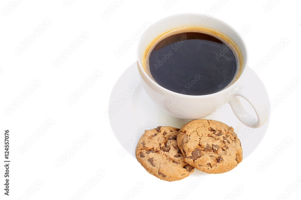 Cup of coffee with cookies isolated on white
Cup of coffee with cookies isolated on white