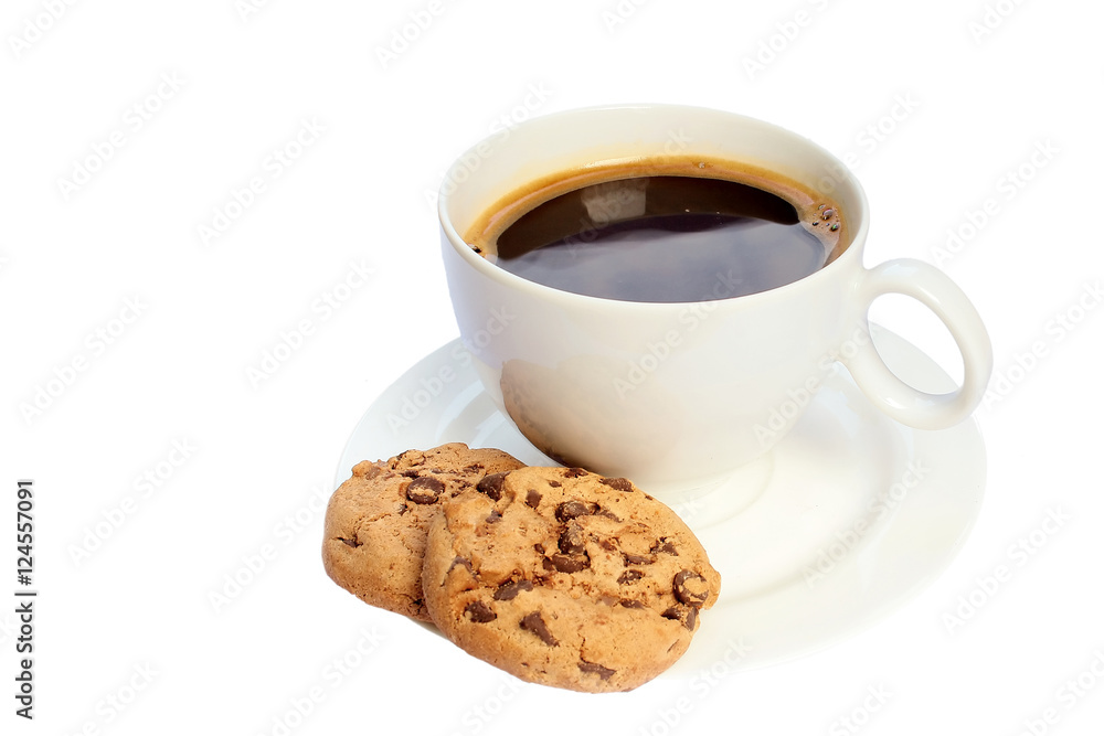 Cup of coffee with cookies isolated on white
Cup of coffee with cookies isolated on white
