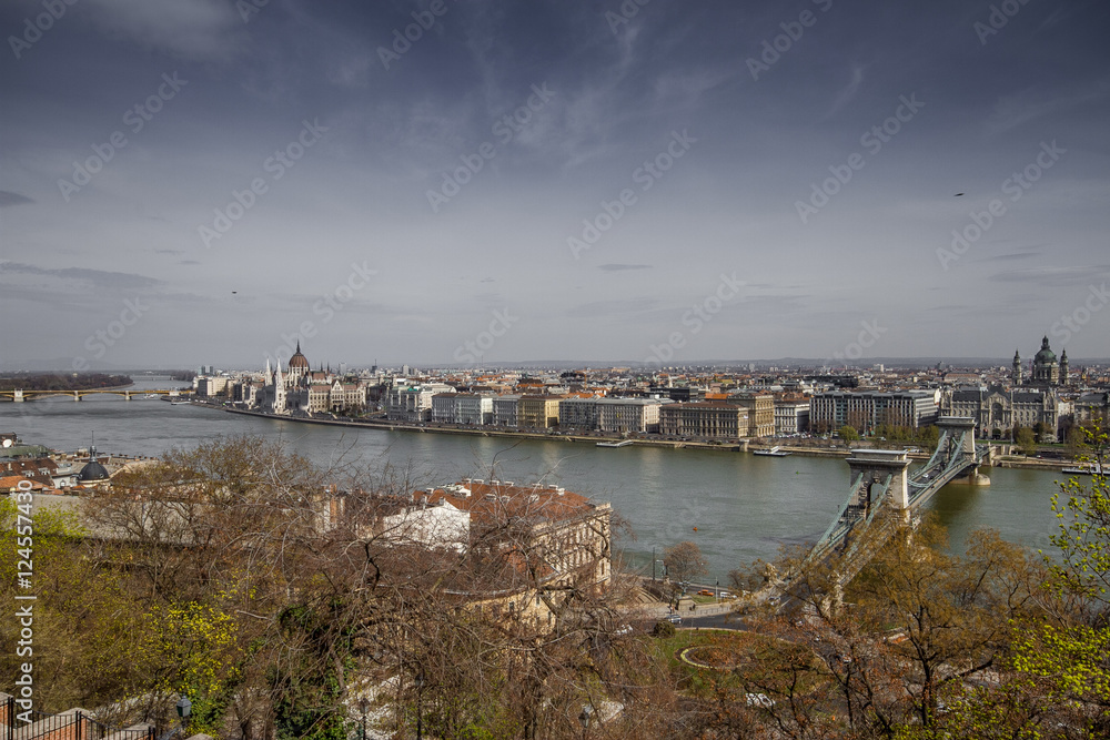Budapest, capital of Hungary, view of the Parliament from the Palais Royal gardens and the Danube river