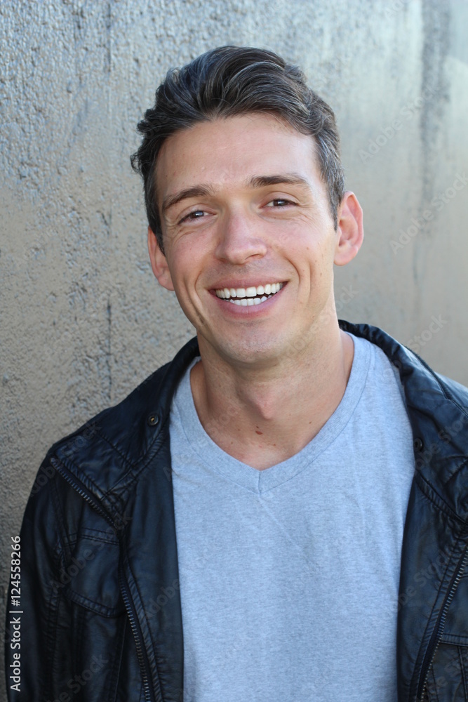 Obraz premium Laughing big white smile perfect straight teeth dental patient headshot male youthful genuine