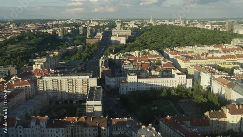A panoramic view of Prague looking east from high in the TV Tower in Zizkov. 4k. photo