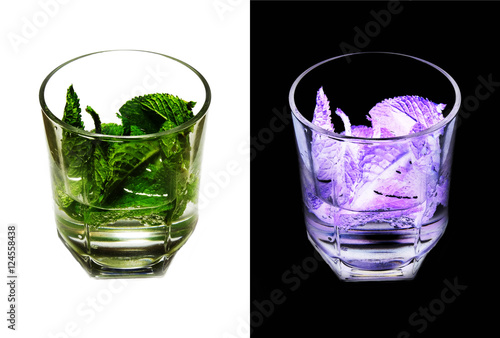 Two photo alcoholic cocktail with mint on white and on a black b