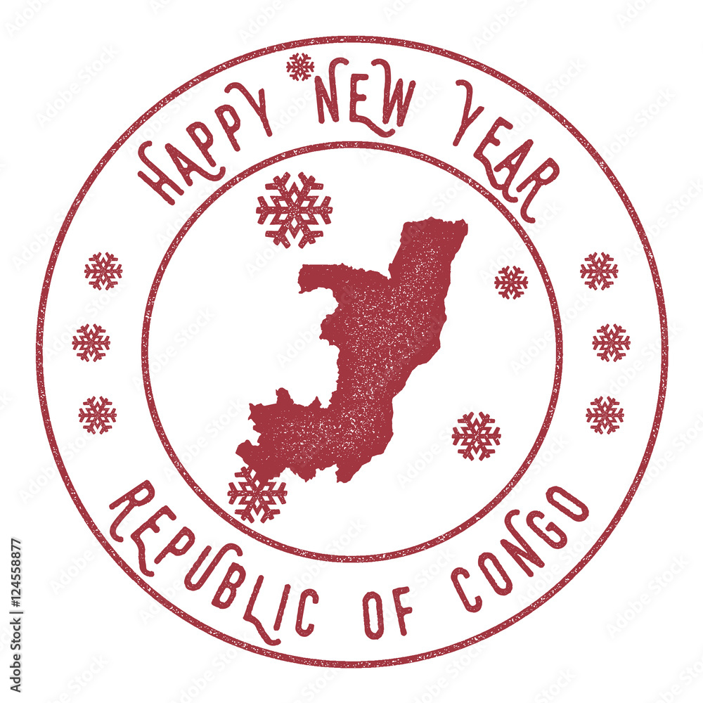 Retro Happy New Year Congo Stamp. Stylised rubber stamp with county map and Happy New Year text, vector illustration. Retro Happy New Year Congo Stamp. Stylised rubber stamp with county map and Happy New Year text, vector illustration.