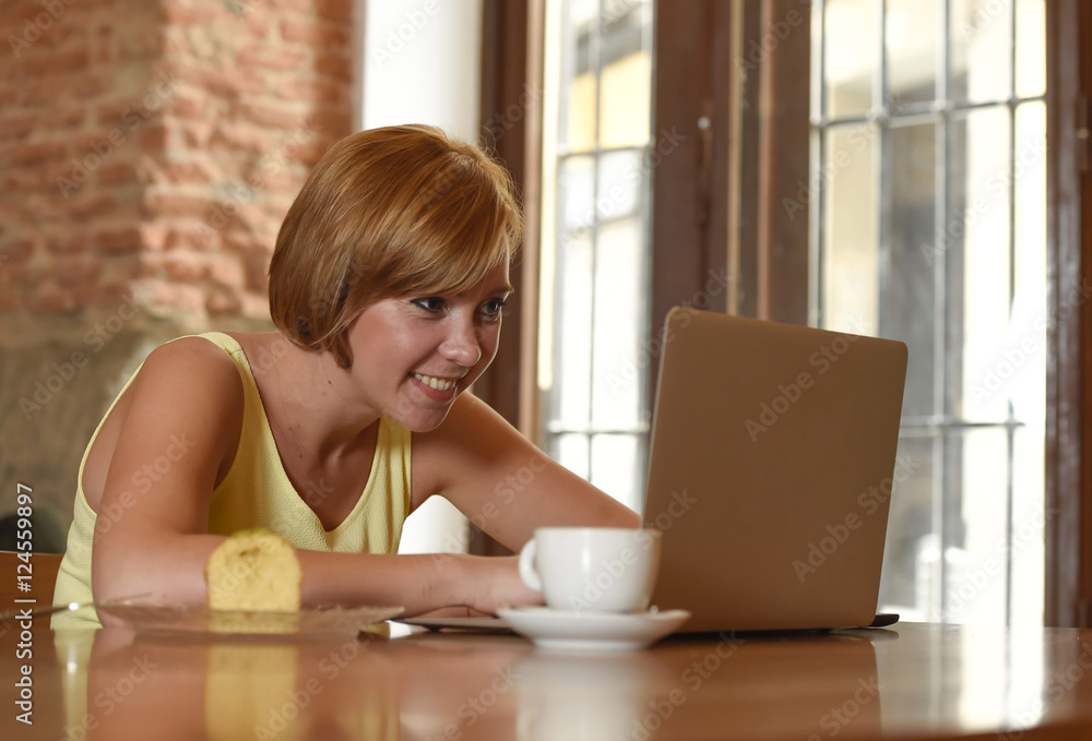 beautiful successful woman working at coffee shop with laptop computer enjoying coffee cup beautiful successful woman working at coffee shop with laptop computer enjoying coffee cup