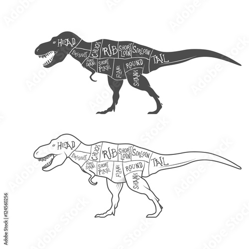 Dinosaurs illustration with cut scheme on white background. Vector