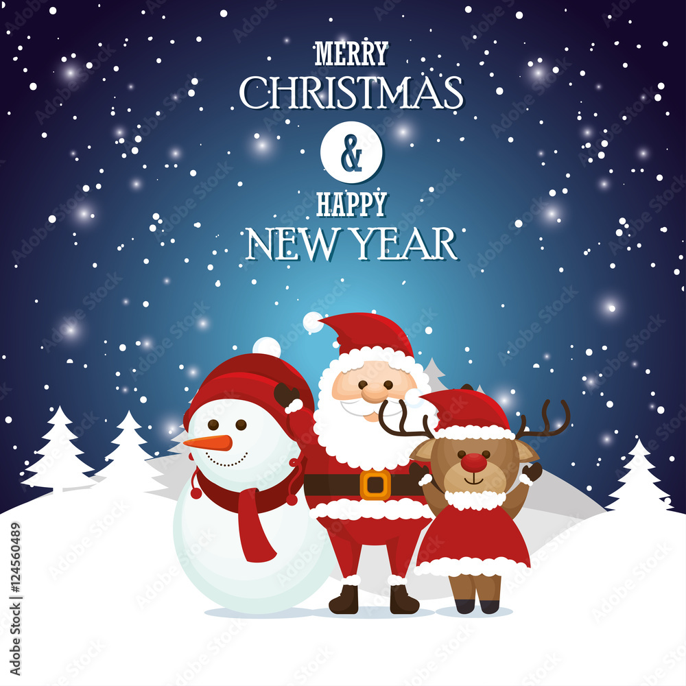 postcard merry christmas and happy new year santa snowman reindeer landscape snow vector illustration postcard merry christmas and happy new year santa snowman reindeer landscape snow vector illustration