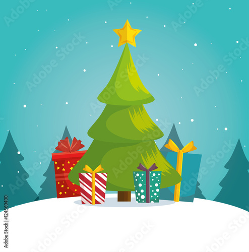 green tree christmas gifts boxes landscape background vector illustration eps 10