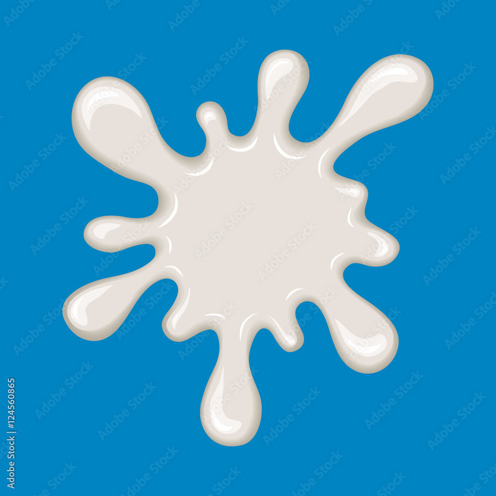 Vector milk splash. Drop of white liquid isolated on blue background. Splashing of milky drink, yogurt or cream. Cartoon design. Graphic element for banner or sticker. Vector milk splash. Drop of white liquid isolated on blue background. Splashing of milky drink, yogurt or cream. Cartoon design. Graphic element for banner or sticker.