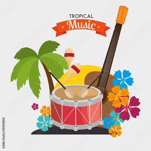 poster tropical music dumb guitar maraca palm and flower vector illustration eps 10