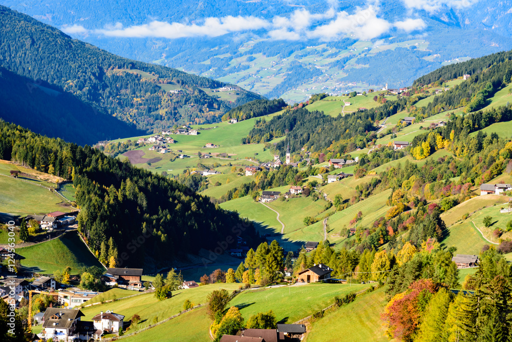 View of Funes valley in autumn