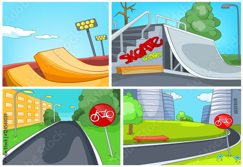 Cartoon set of skatepark and bike lane backgrounds