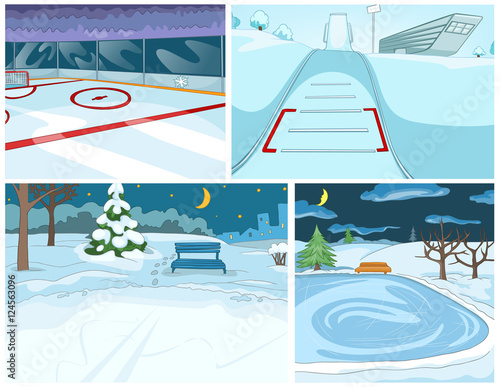 Vector cartoon set of winter backgrounds.