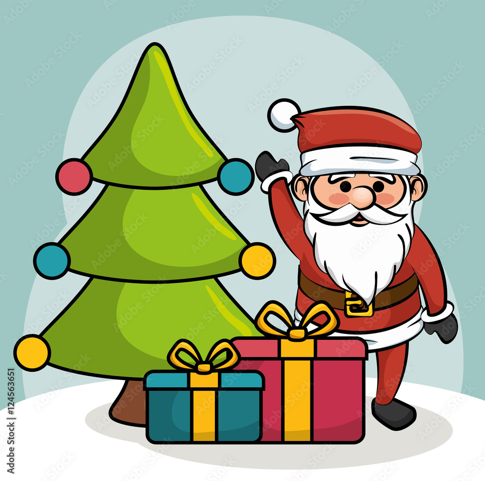 santa greets tree and gift boxes design vector illustration eps 10 santa greets tree and gift boxes design vector illustration eps 10