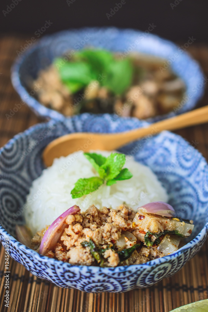 Thai Spicy Minced Pork on Wood Background, Thai Food on Wood Bac Thai Spicy Minced Pork on Wood Background, Thai Food on Wood Bac
