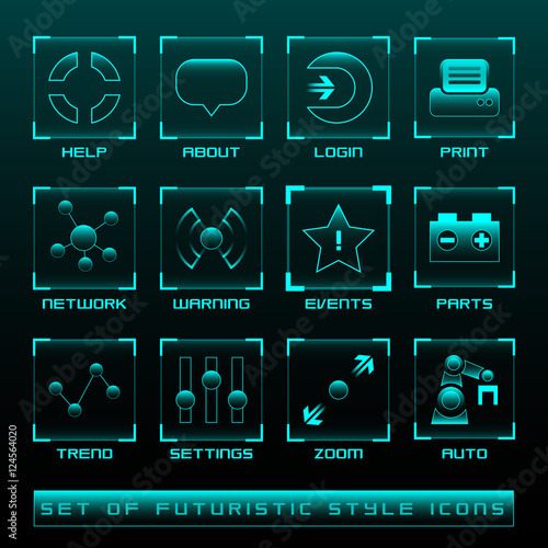 Futuristic style user interface icons for mobile and web applications. UI and HUD vector scalable illustration