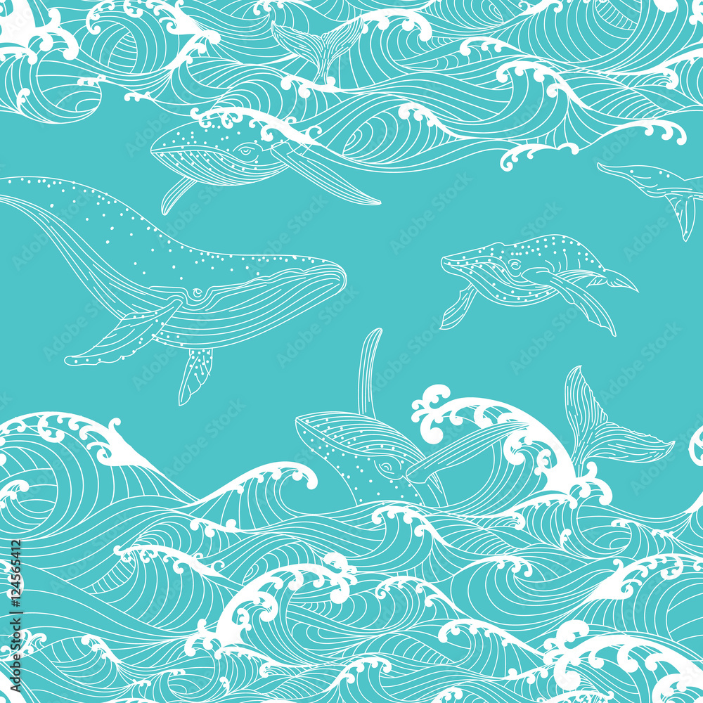 Naklejka premium Whale family swimming in the ocean waves, pattern seamless background