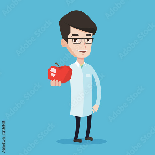Nutritionist offering fresh red apple.