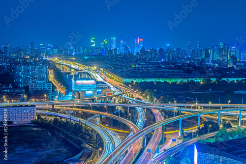 Aerial View of Shanghai overpass at Night in China.