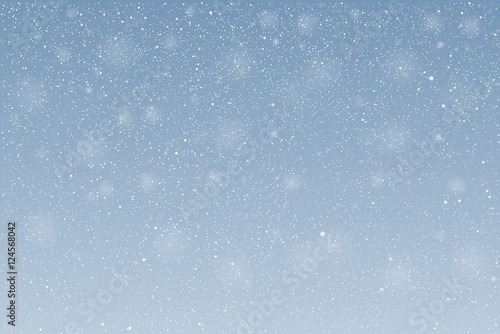 Vector white snow falling on blue background.