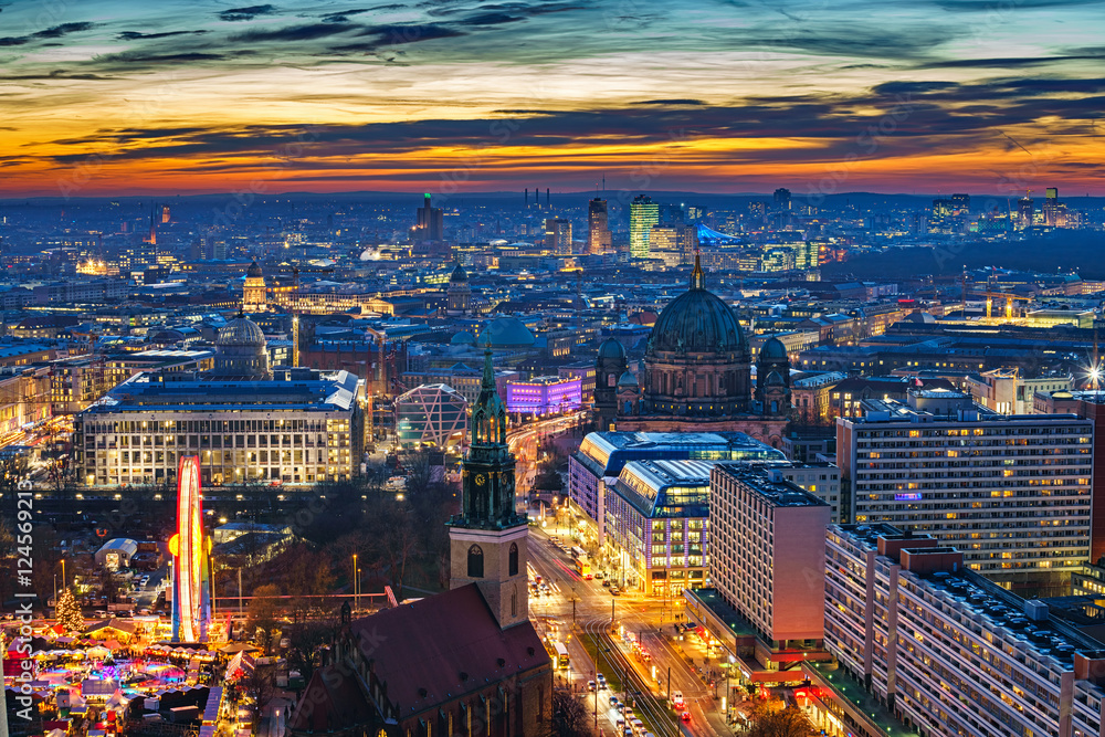 Fototapeta premium Aerial view on downtown of Berlin at night, Germany
