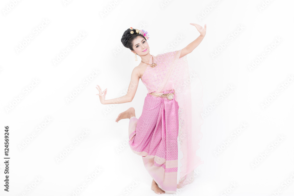 Woman costume Thailand shows a dance on a white background. Woman costume Thailand shows a dance on a white background.