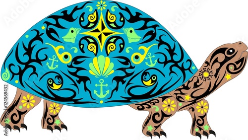 Vector overland turtle, reptile with the drawing on a body, an animal with a pattern, an armor with sea cockleshells and anchors, a decorative pet,