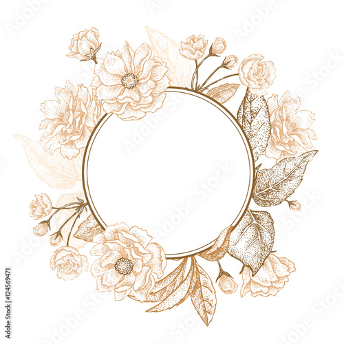 Holiday Luxury card for invitations, greetings. Hand drawing Chinese plum. The branches with leaves and flowers on a white background. Embroidery with golden threads. Vintage vector illustration.