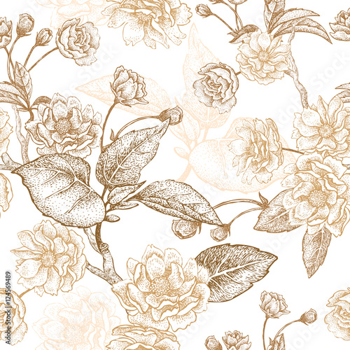 Gold embroidery on a white background. Vector illustration based on the Chinese luxury fabrics. Hand drawing of a flowering plum tree, flowers, branches and leaves. Vintage.