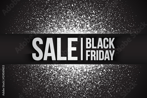 Black friday sale vector background. Illustration 3d silver letters for business, marketing and holiday. Bright white shimmer glowing round falling particles. Scatter shine light explosion