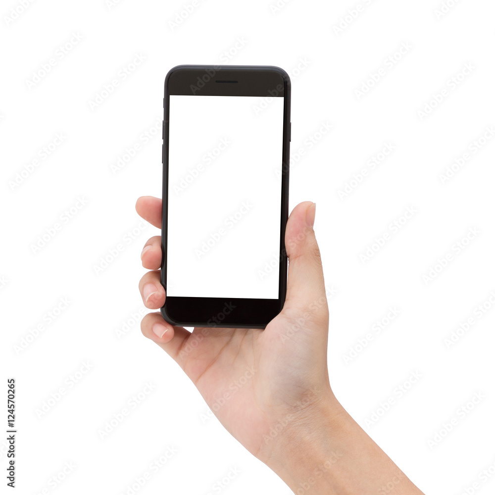 close up hand hold phone isolated on white, phone matte black co close up hand hold phone isolated on white, phone matte black co