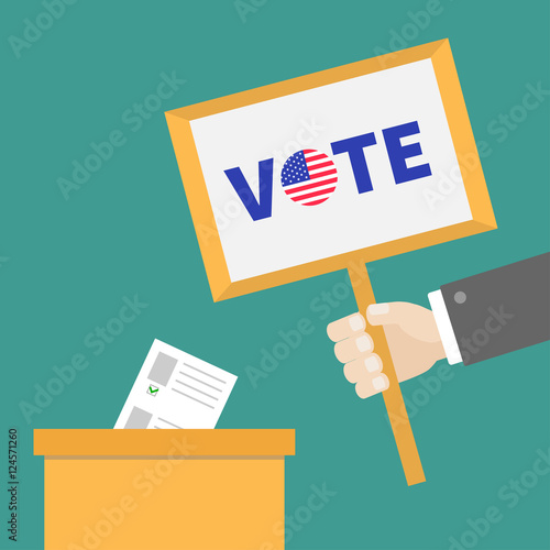 Ballot Voting box Paper blank bulletin. Businessman hand holding plate Vote text with Badge button American flag President election day. concept. Flat design