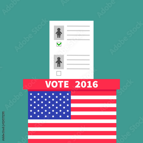 American flag Ballot Voting box with paper blank bulletin Man Woman concept. Polling station. President election day Vote 2016. Green background Flat design Card
