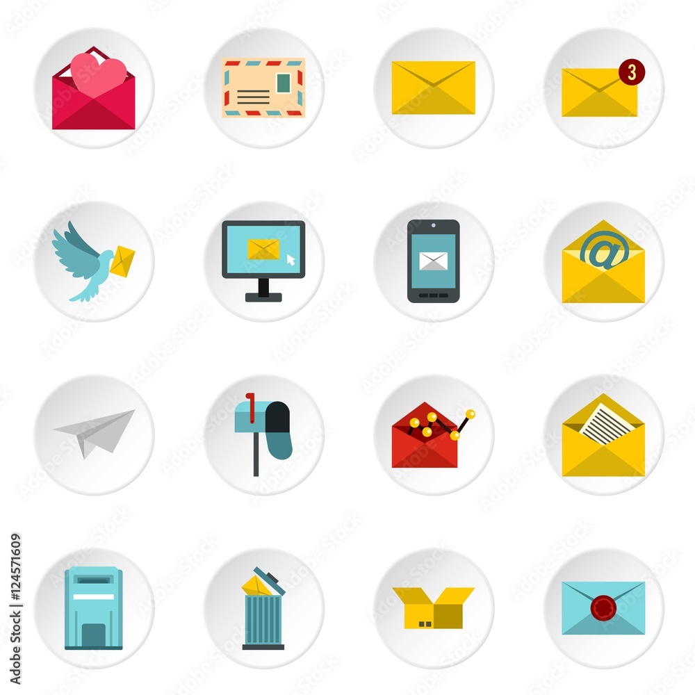 Email icons icons set. Flat illustration of email icons 16 vector icons for web Email icons icons set. Flat illustration of email icons 16 vector icons for web