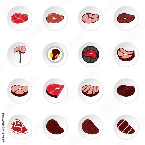 Steak icons set. Flat illustration of 16 steak vector icons for web