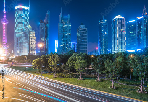 Shanghai Skyline at Night in China.