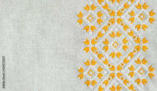 Canvas-taulu Texture of the vintage homespun linen textile with embroidery